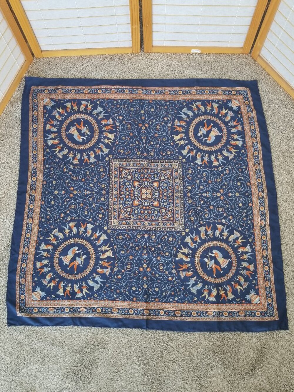 Large 40" Square Silk Scarf Wrap Navy Blue Orange Made in India Artsy Exotic